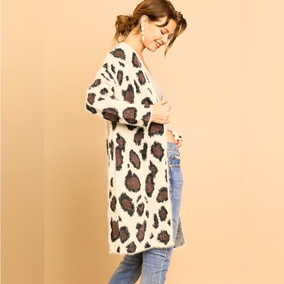 Umgee Fuzzy Eyelash Leopard Longline Open Front Cardi Cardigan Sweater - Picture 4 of 13